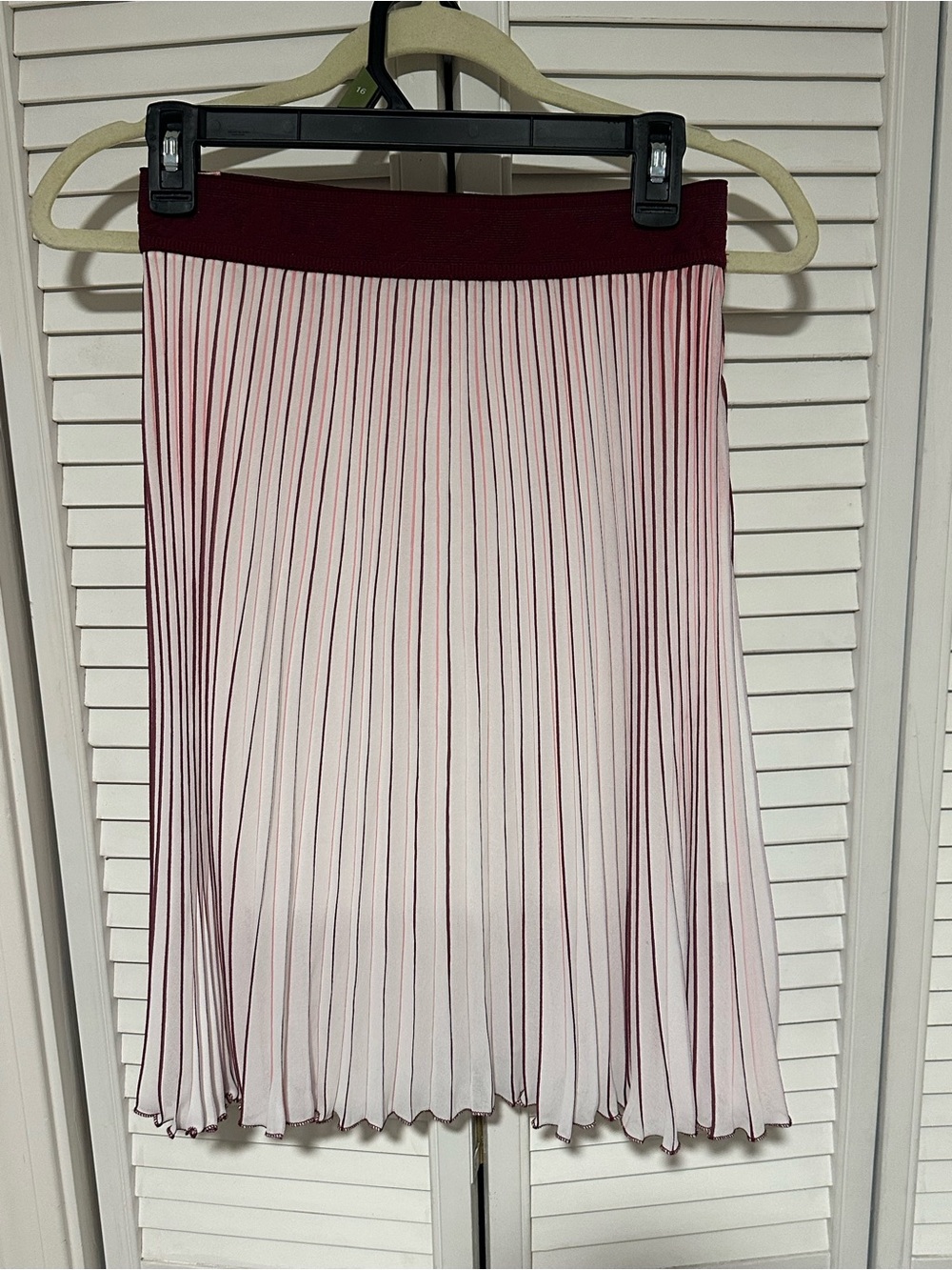 Vintage Light Pink & White Pleated Midi Skirt with Burgundy Waistband